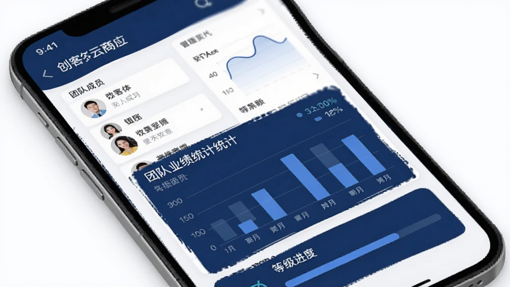 创客云商应用内团队管理页面,手机屏幕展示团队成员列表、团队业绩统计图表和等级进度条,界面风格商务简洁,以白色和深蓝色为主,数据展示清晰,布局合理,画质干净,无多余元素