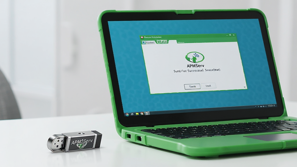 一个展示绿色便携特性的场景图,画面中一台笔记本电脑旁边放着一个U盘,U盘上隐约可见APMServ的图标,电脑屏幕上显示着APMServ成功启动的界面,背景是简洁的办公桌面,风格清新明亮,细节包括U盘的金属质感和屏幕的清晰显示,画质干净,无多余元素