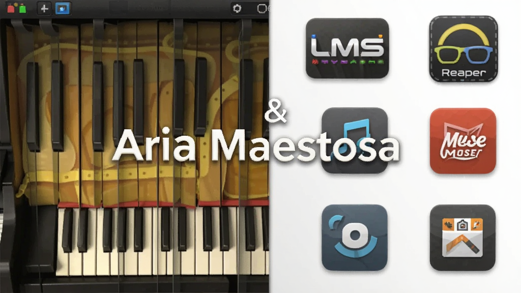 һ��չʾAria Maestosa��ͬ�����������ԱȵĴ���ͼƬ�����������Aria Maestosa�ĸ��پ������棬�Ҳ�������LMMS��Reaper��MuseScore��������ͼ�꣬�����������죬������