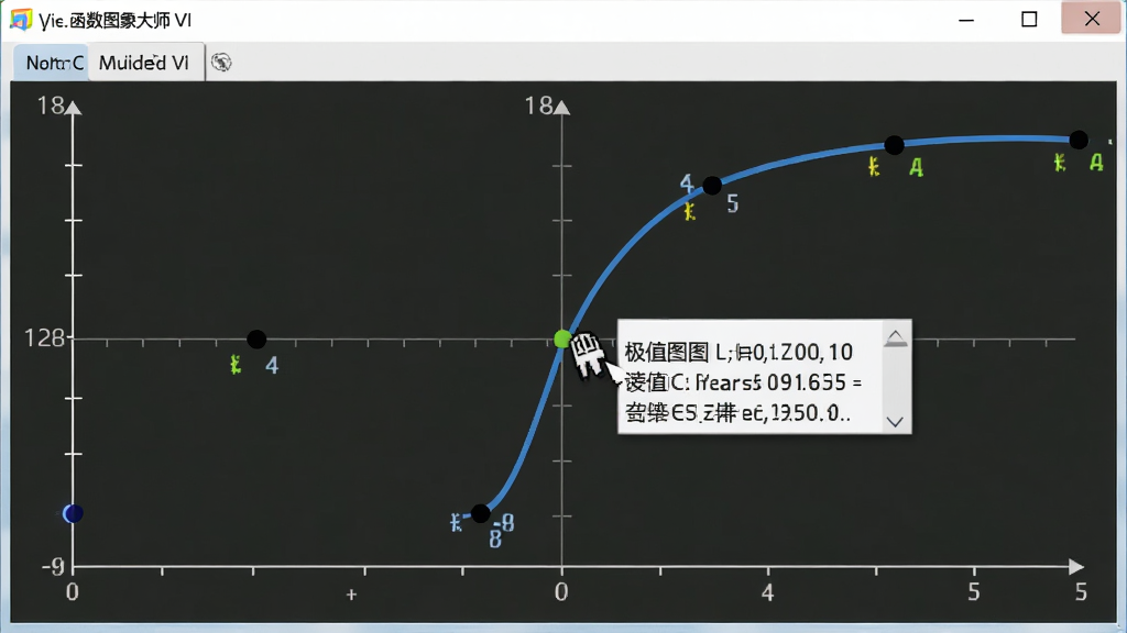 函数图像大师 VI 界面中鼠标悬停在函数曲线上,旁边弹出坐标数值提示框,画面中有清晰的极值点标记和零点标记,风格偏向教学演示,画面干净整洁,画质清晰,无多余元素
