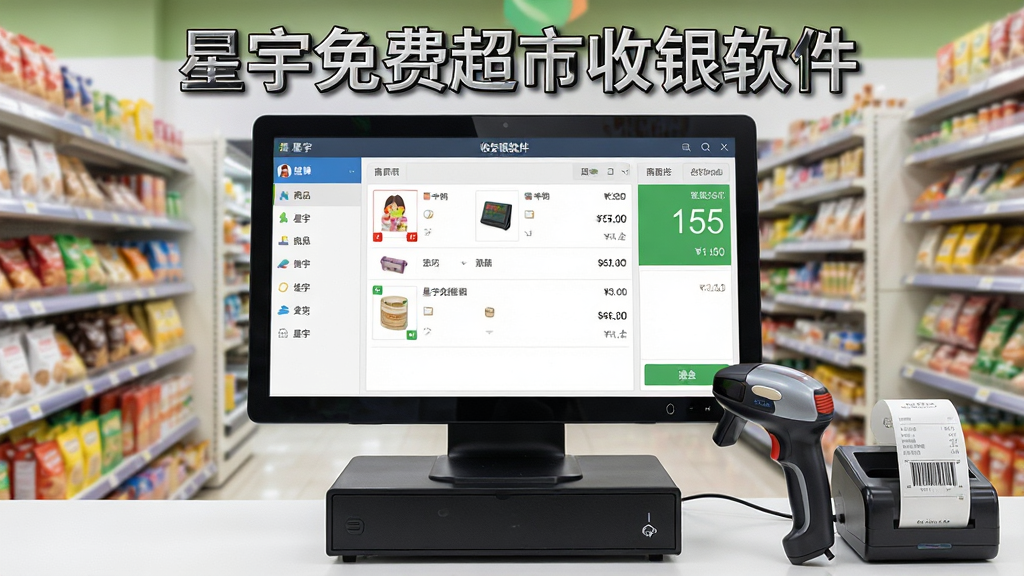 一张展示星宇免费超市收银软件主界面的场景图,画面中央是电脑屏幕显示收银结算界面,左侧为商品分类列表,右侧为扫码枪和打印小票机,背景是整洁的超市货架,布局采用横向三分法,排版突出软件名称“星宇免费超市收银软件”,风格为写实商业摄影,细节包括屏幕上的商品条目和价格数字,画质高清,干净,无多余元素
