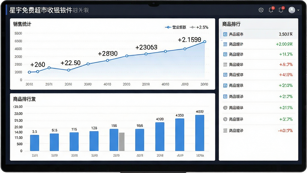 一张展示星宇免费超市收银软件数据报表功能的图片,画面主体是屏幕上显示的销售统计图表和商品排行列表,布局为上方折线图下方柱状图,排版对称,风格为商务数据可视化,细节包括营业额数字和百分比标注,画质高清,干净,无多余元素
