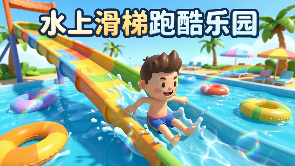 画面主体为一名卡通风格的角色正从五彩斑斓的水上滑梯上高速滑下,周围是清澈的蓝色水池和漂浮的彩色泳圈;布局采用中心透视构图,滑梯从画面左上角延伸至右下角;画面顶部用圆润字体写着“水上滑梯跑酷乐园”;整体风格为明亮清爽的3D卡通渲染,细节包括飞溅的水花、阳光折射的彩虹、背景中的棕榈树与遮阳伞;画质为高清、干净、无多余元素,色彩饱和度高,充满夏日清凉感。