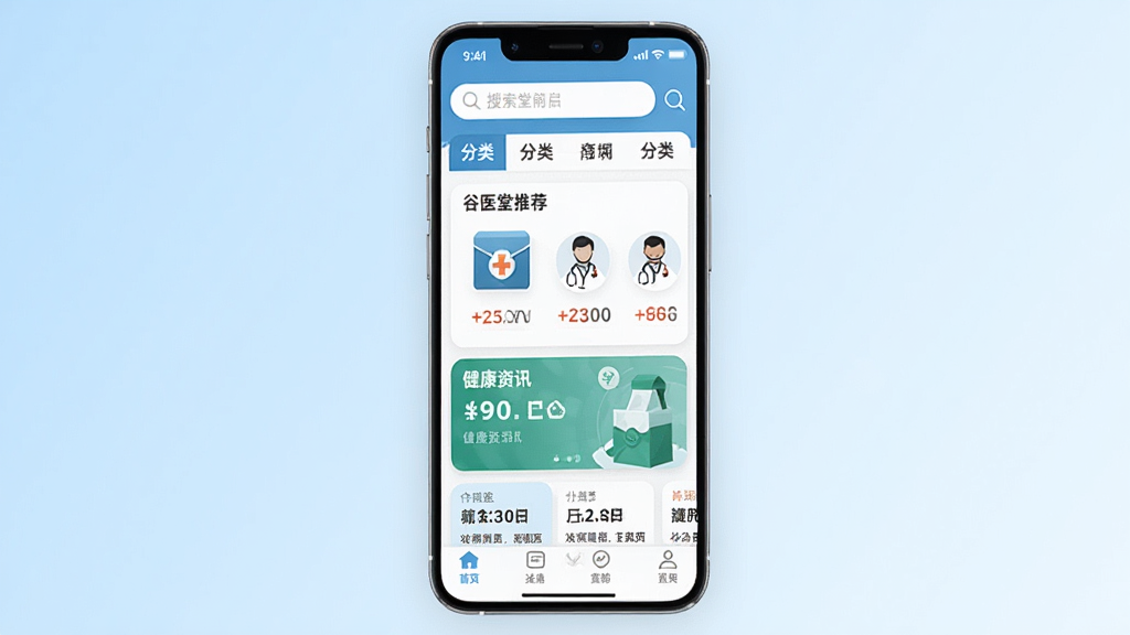 һ���ֻ���Ļչʾ��ҽ���̳�APP��ҳ���棬ҳ�涥�����������ͷ��ർ�����м�չʾҩƷ�Ƽ��ͽ�����Ѷ��Ƭ���ײ��е�����������Ϊ�ɾ���ǳ��ɫ���䣬���Ϊ�ִ���ƽ��UI��ƣ�ϸ�ڰ���ҩ��ͼ���ҽʦͷ�񣬻��������������ɾ��޶���Ԫ��