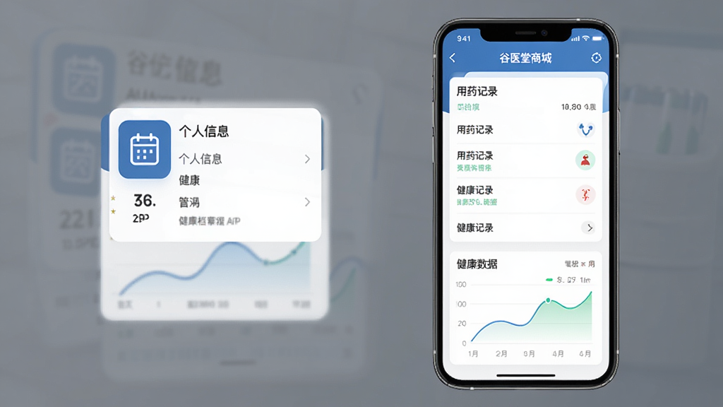 ��ҽ���̳�APP������������ҳ�棬�ֻ���Ļչʾ������Ϣ��Ƭ����ҩ��¼�б��ͽ�������ͼ�������Ϊ��Լ����磬ϸ�ڰ�������ͼ��ͽ�������ͼ�����ʸ��壬�Ű��������ɾ�������Ԫ��