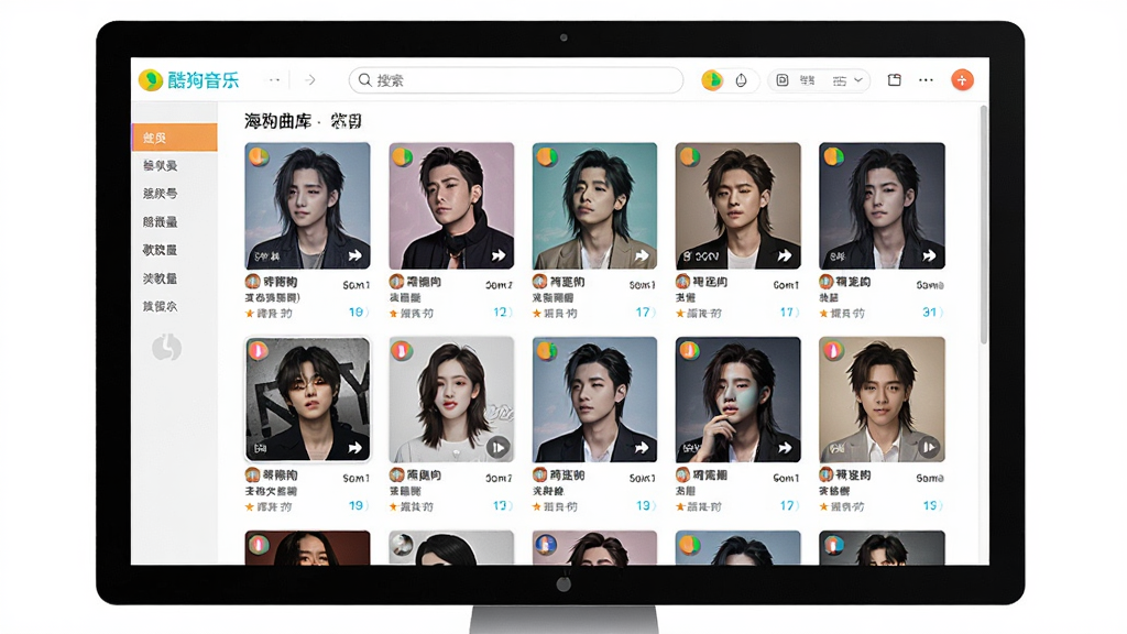 酷狗音乐海量曲库界面,主体为电脑屏幕中展示酷狗音乐的分类歌单页面,布局采用网格状专辑封面排列,排版包含顶部搜索框与侧边分类标签,风格清新明亮,细节有歌手头像、歌曲名称、播放量数字,画质高清,干净,无多余元素