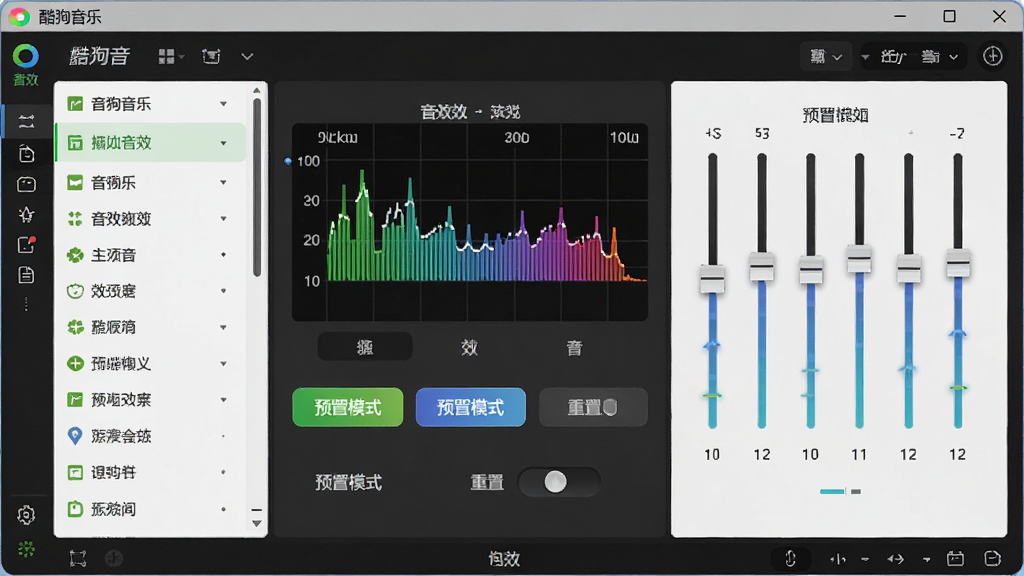 酷狗音乐蝰蛇音效设置界面,主体为电脑屏幕中酷狗音乐的音效调节面板,布局包含左侧音效列表与右侧均衡器滑块,排版对称,风格专业科技,细节有频谱跳动动画、预设模式按钮、重置开关,画质高清,干净,无多余元素