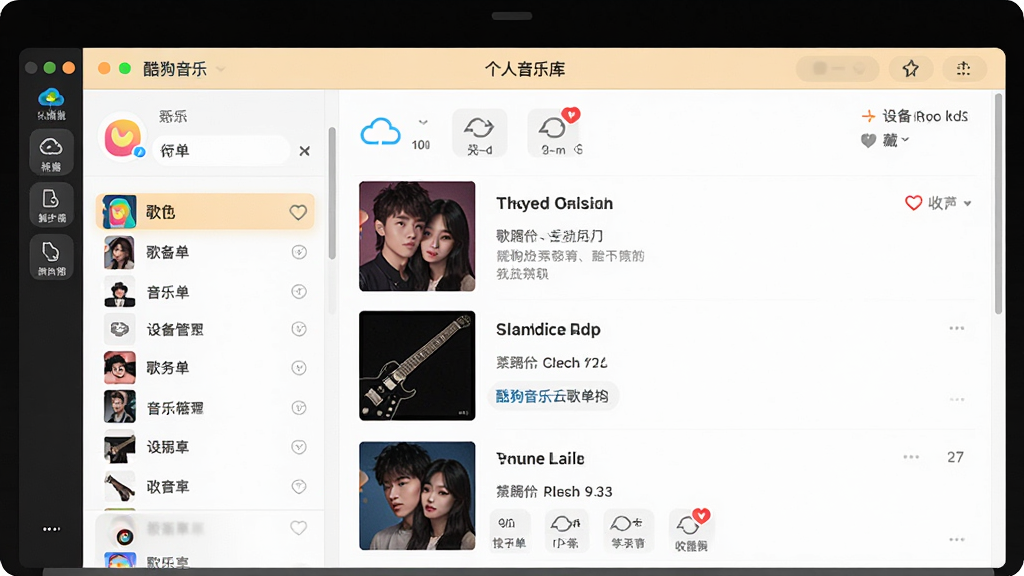 酷狗音乐云歌单同步界面,主体为电脑屏幕中酷狗音乐的个人音乐库页面,布局包含左侧歌单列表与右侧歌曲详情,排版简洁,风格清爽浅色,细节有云端同步图标、设备切换提示、收藏心形标记,画质高清,干净,无多余元素