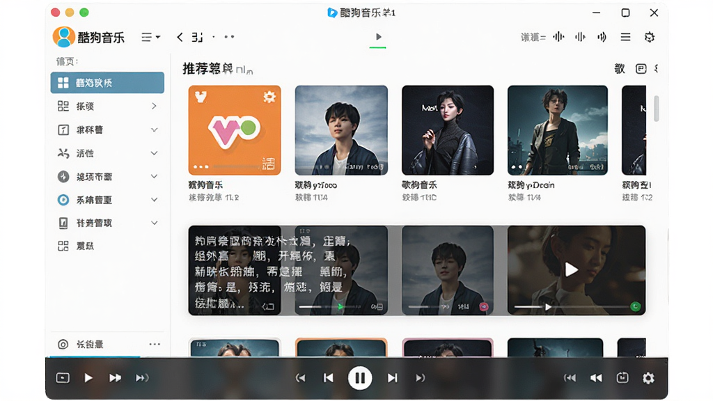 酷狗音乐软件主界面全景展示,主体为电脑屏幕中打开的酷狗音乐播放器窗口,布局包含左侧导航栏、中央推荐歌单区域、底部播放控制条,排版整齐清晰,风格现代科技感,细节包括专辑封面、歌词滚动、音效按钮,画质高清,干净,无多余元素