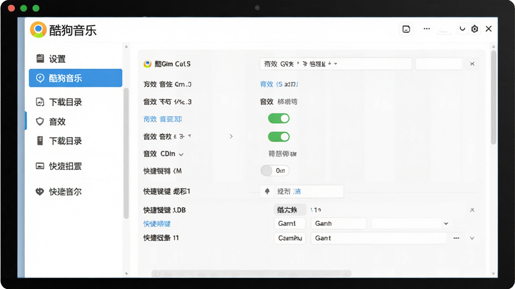 酷狗音乐设置界面操作示意图,主体为电脑屏幕中酷狗音乐的设置面板,布局包含左侧选项卡与右侧详细选项,排版清晰,风格简洁实用,细节有下载目录、音效开关、快捷键列表,画质高清,干净,无多余元素