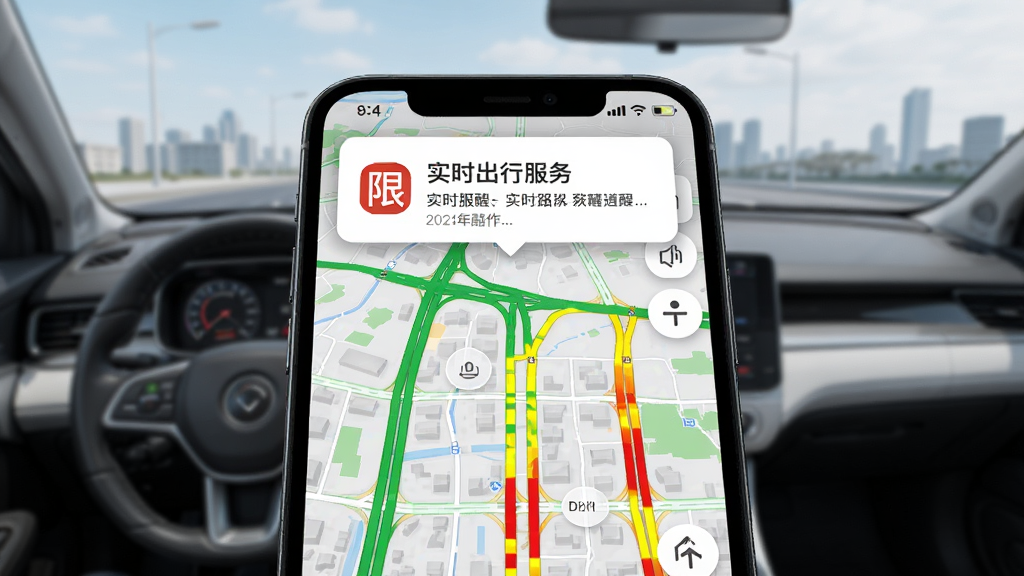 一幅展示车主出行服务通实时路况功能的场景图,画面为手机屏幕特写,显示城市道路地图,道路用绿色、黄色、红色标注拥堵程度,屏幕上方弹出限行提醒卡片,背景为虚拟驾驶舱视角,风格写实科技感,细节丰富,画质清晰干净