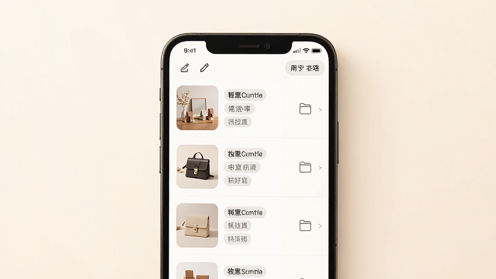一张展示收藏夹管理界面的图片,画面中央为一部智能手机,屏幕显示收藏商品列表,每个条目有商品缩略图和自定义标签,背景为柔和的米白色,风格温馨简约,细节包括编辑按钮和分类文件夹,画质清晰,干净,无多余元素