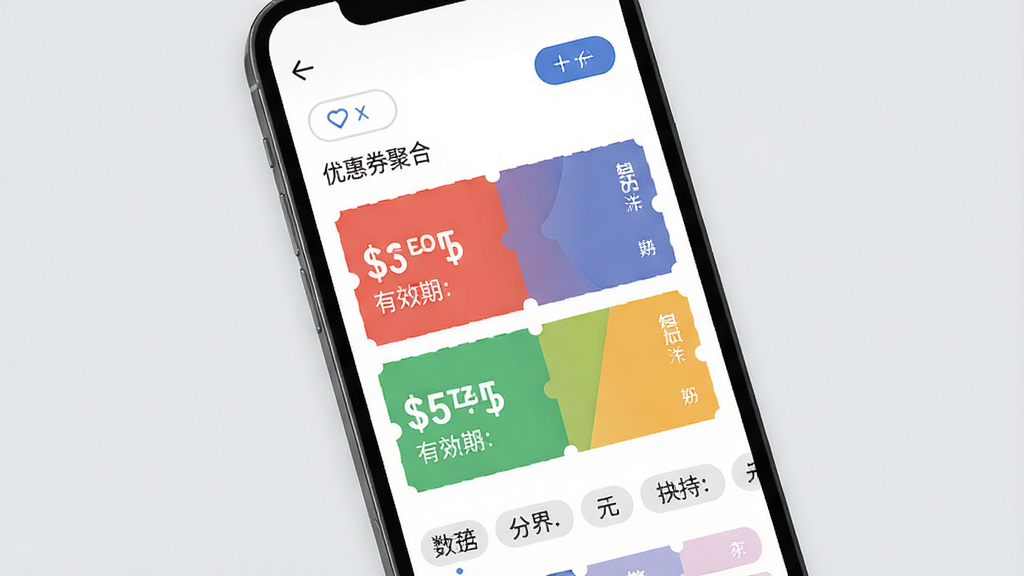 一张展示优惠券聚合界面的图片,画面中一部手机屏幕显示多张颜色各异的优惠券卡片,卡片上有折扣金额和有效期,背景为淡灰色,风格简洁商务,细节包括筛选按钮和分类标签,画质清晰,干净,无多余元素