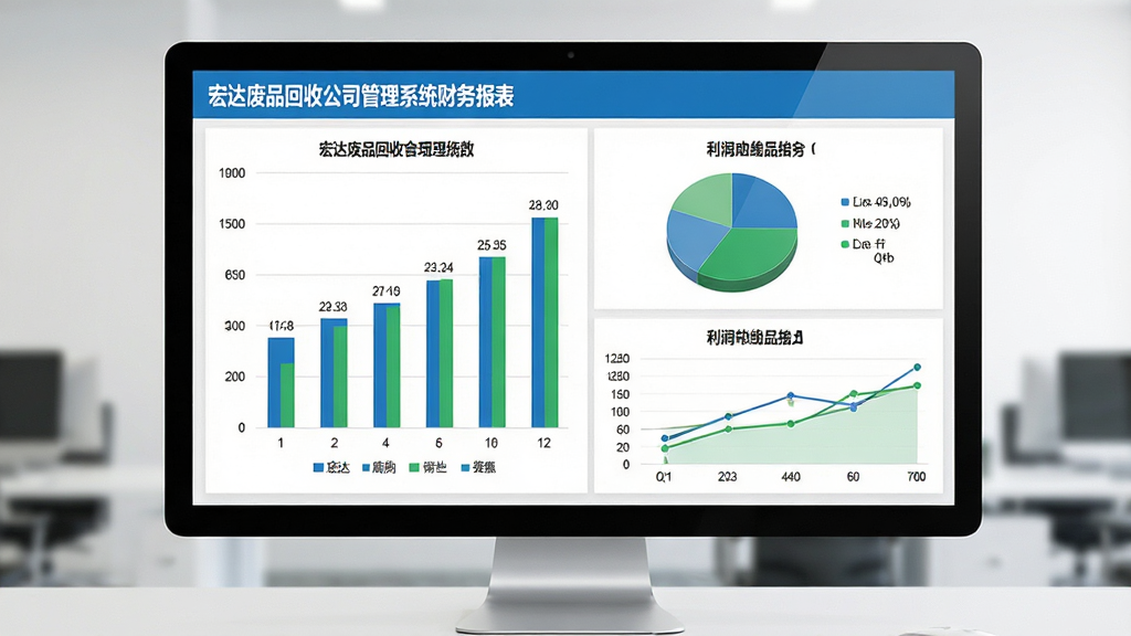 宏达废品回收公司管理系统财务报表页面截图风格,画面主体为一块大尺寸显示器,屏幕上展示柱状图、饼图和利润曲线,布局为居中展示,排版清晰,风格为数据可视化商务风,细节包括数字标注、图例、蓝色和绿色配色,画质高清,干净,无多余元素