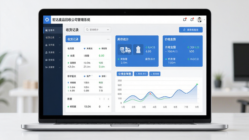 宏达废品回收公司管理系统软件界面全貌展示,主体为一台打开的笔记本电脑屏幕,屏幕上显示废品回收管理系统的数据看板,包含收货记录、库存统计、价格走势图表,布局居中,排版整洁,风格为现代商务简约风,细节包括回收物品图标、数据卡片、蓝色主色调,画质高清,干净,无多余元素