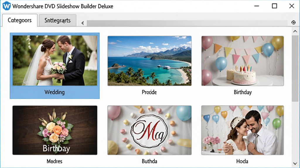 Wondershare DVD Slideshow Builder Deluxe软件中智能模板选择界面的特写图,画面展示多个不同主题的模板缩略图以网格形式排列,包括婚礼主题、旅行主题、生日主题等,每个缩略图下方有模板名称标签,风格为软件界面写实风格,细节包括选中状态的高亮边框、滚动条、分类标签页,画质高清,干净,无多余元素