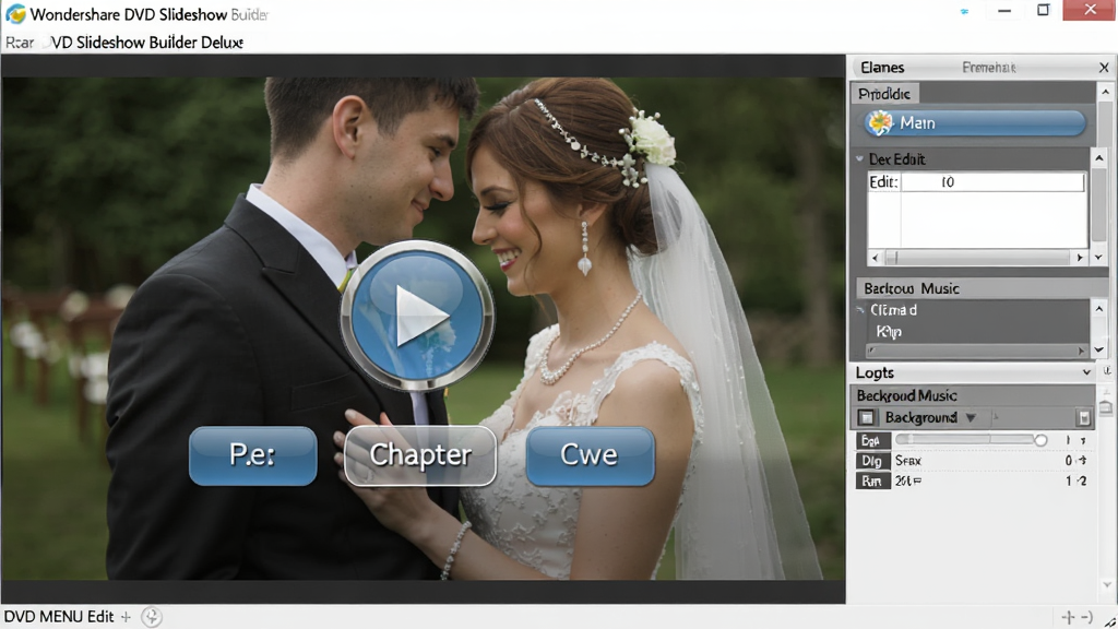 Wondershare DVD Slideshow Builder Deluxe软件中DVD菜单编辑界面的截图,画面展示一个婚礼主题的DVD菜单预览,包含播放按钮、章节选择按钮、背景为新人照片,右侧为菜单元素属性设置面板,风格为软件界面写实风格,细节包括按钮高亮状态、文字编辑框、背景音乐轨道,画质高清,干净,无多余元素