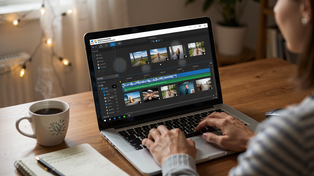 Wondershare DVD Slideshow Builder Deluxe软件运行在Windows电脑上的操作场景图,画面展示用户坐在书桌前使用笔记本电脑编辑电子相册,屏幕上显示软件时间轴和照片缩略图,桌面上有咖啡杯和记事本,风格为生活化写实摄影风格,细节包括键盘手指操作、屏幕反光、温馨室内光线,画质高清,干净,无多余元素