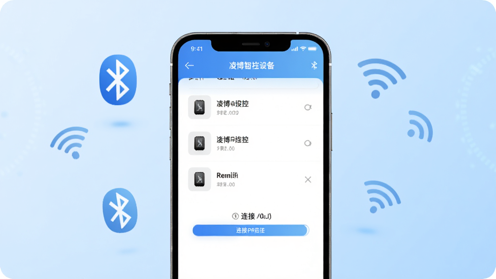 凌博智控设备连接界面示意图,画面展示一部手机正在通过蓝牙搜索附近设备,手机屏幕显示设备列表和连接进度条,背景为淡蓝色渐变,周围漂浮着蓝牙和WiFi信号图标,整体风格清新科技,画质清晰,干净无多余元素