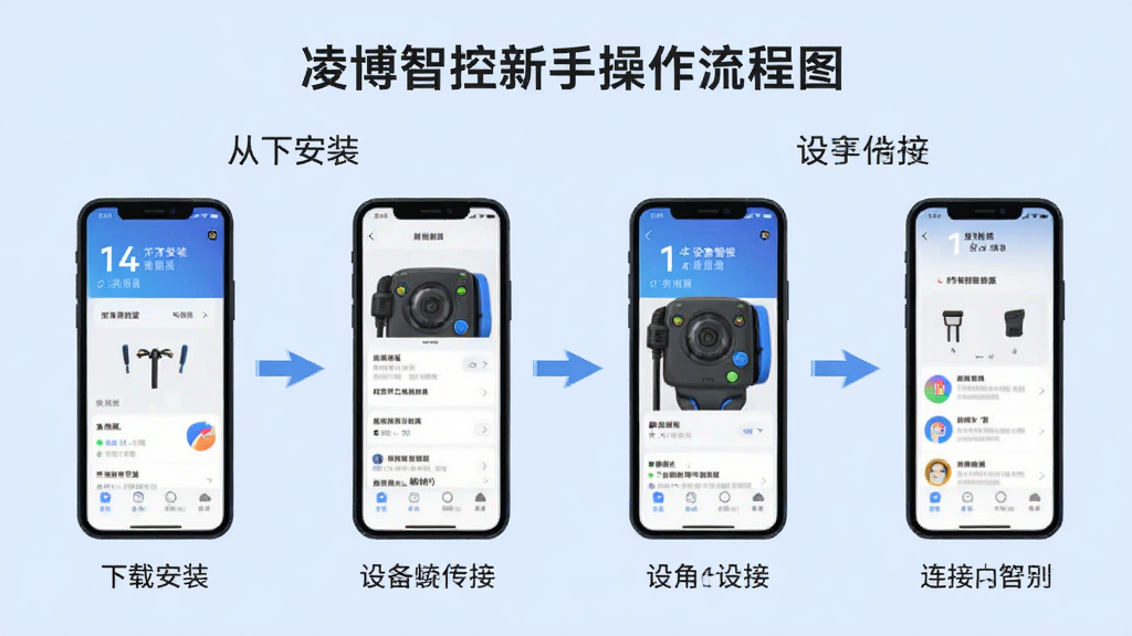 凌博智控新手操作流程图,画面以信息图形式展示从下载安装到设备连接的四个步骤,每个步骤配有手机界面小图和简短文字说明,背景为浅蓝色,整体风格扁平化设计,画质清晰,干净整洁,无多余元素
