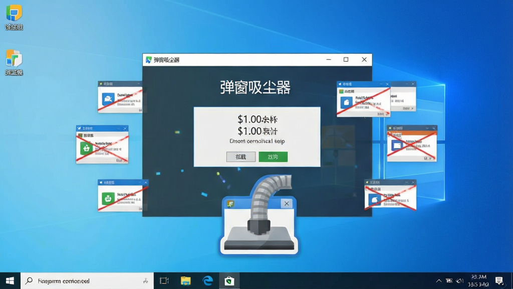 一张展示电脑桌面干净整洁的场景图,画面中央是弹窗吸尘器软件主界面,界面显示已拦截多个弹窗的统计数字,周围环绕着被拦截的广告弹窗图标被吸入一个吸尘器造型的图标中,背景是简约的Windows桌面,风格为扁平化科技感,细节包含软件名称“弹窗吸尘器”字样,画质清晰干净,无多余元素