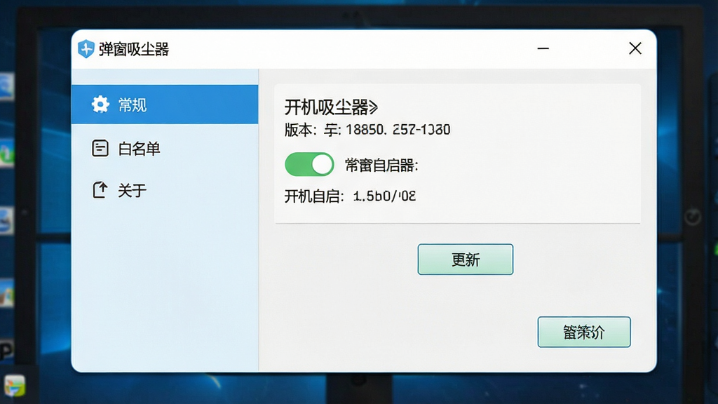 一张电脑屏幕截图风格的图片,画面显示弹窗吸尘器的设置界面,左侧菜单包含常规、白名单、关于等选项,右侧主区域展示开机自启开关和更新按钮,界面风格为清爽浅色,细节包含“弹窗吸尘器”标题和版本信息,画质清晰,无多余装饰
