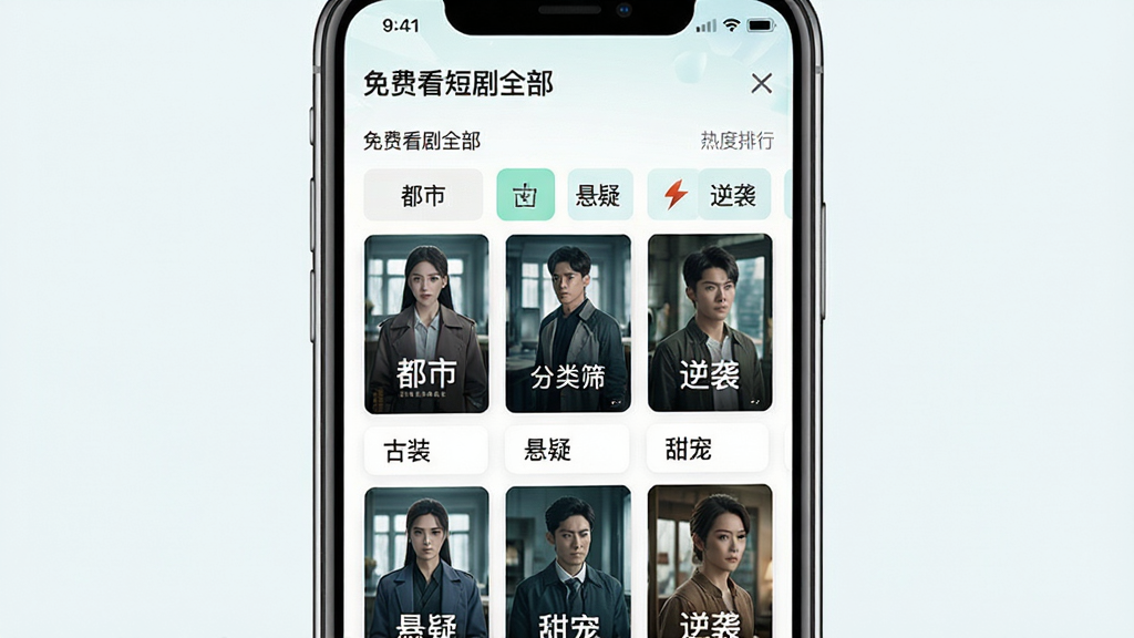 免费看短剧全部应用功能展示图,主体为一部手机居中,屏幕显示应用内的分类导航页面,包含