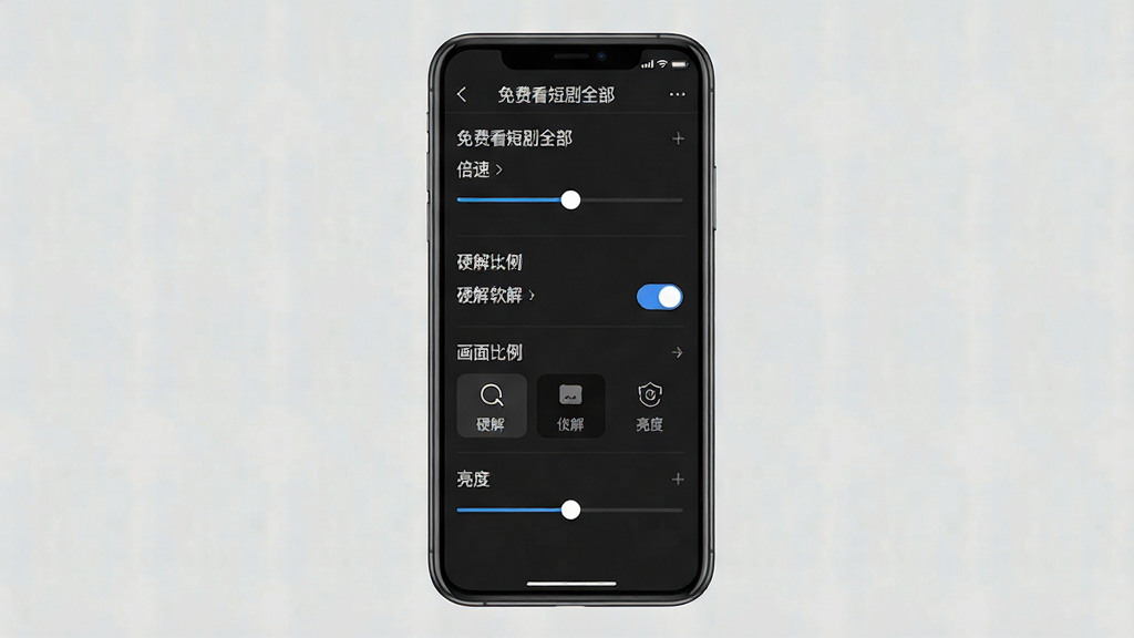 免费看短剧全部应用播放设置界面,主体为手机屏幕特写,显示播放器设置面板,包含倍速调节滑块、硬解软解切换开关、画面比例选项、亮度调节条。布局为纵向列表排列,风格为深色主题UI设计,细节上屏幕内文字使用