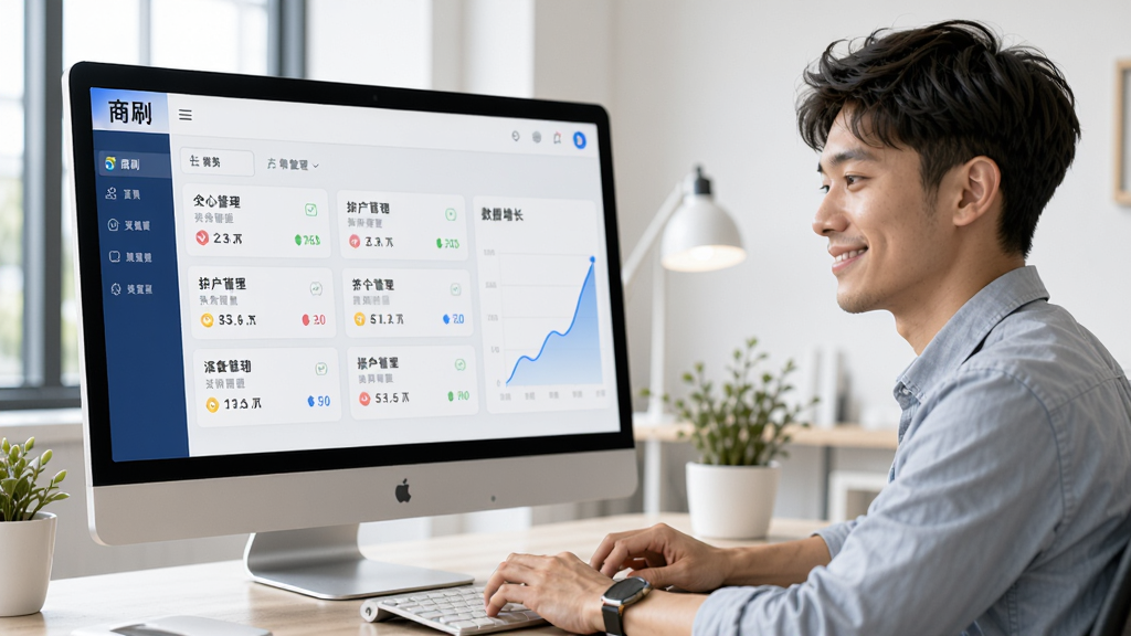 一位年轻商家坐在电脑前,屏幕上显示着