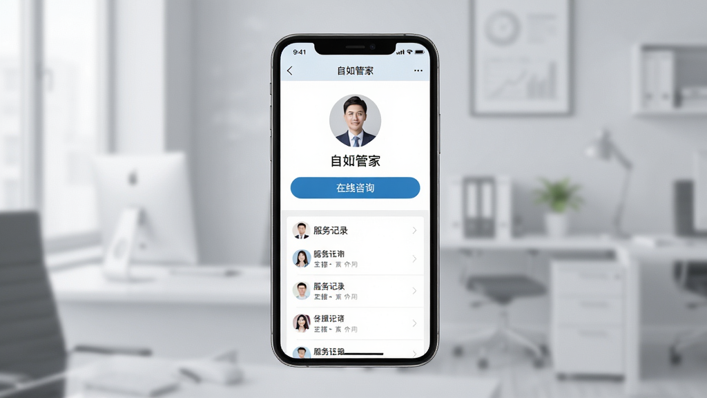 手机屏幕显示自如业主的管家联系页面,页面上有管家头像、在线咨询按钮和服务记录列表,背景为柔和的浅灰色办公场景;布局为手机正面特写居中,风格干净商务,画质清晰,无多余元素