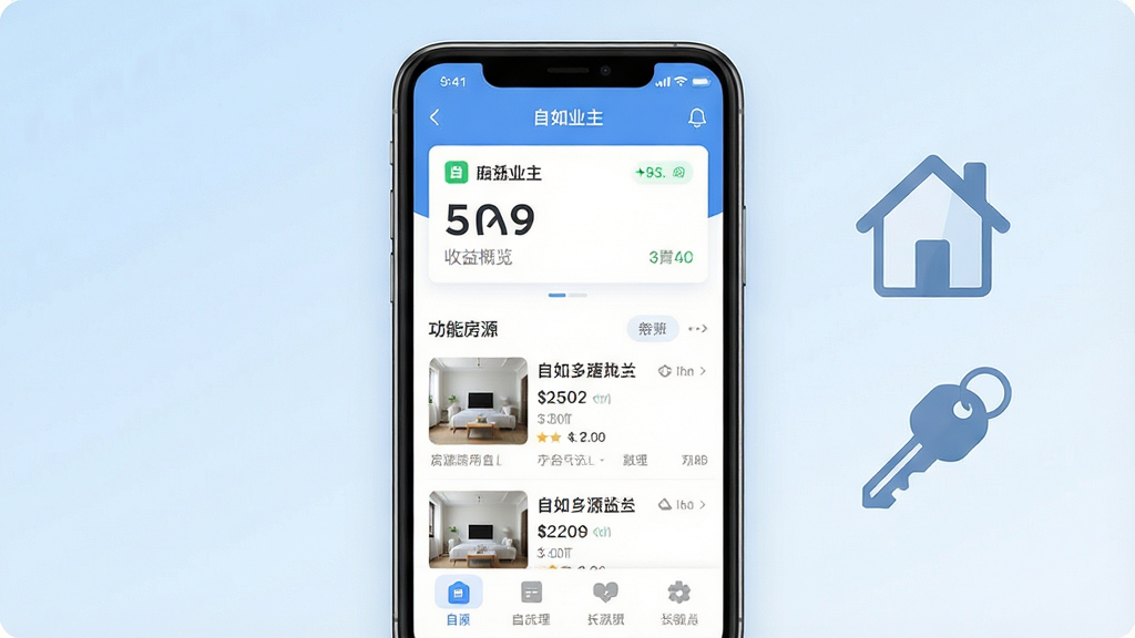一张手机屏幕展示自如业主应用主界面的场景图,画面中央是一部竖屏智能手机,屏幕上清晰呈现自如业主的房源管理首页,上方有收益概览卡片,下方是房源列表和功能入口;背景为柔和的浅蓝色渐变,画面右侧放置简洁的房屋图标与钥匙图标作为点缀;整体风格为现代扁平化UI展示风格,细节干净利落,画质清晰,无多余元素