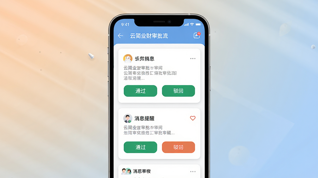 云简业财审批流与消息提醒界面,画面展示手机屏幕上的审批列表与消息通知卡片,卡片上有通过、驳回按钮,背景为柔和渐变商务色,布局上下排列,风格清晰易读,细节干净,无多余元素,高清渲染