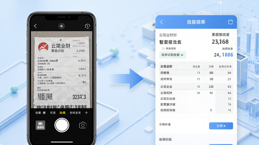 云简业财智能报销与票据识别功能展示,画面左侧为手机拍照发票界面,右侧为自动生成的报销单表单,中间用箭头连接表示数据流转,背景为浅蓝色商务科技风格,布局左右分栏,风格简洁专业,细节清晰,画质干净,无多余元素,高清渲染