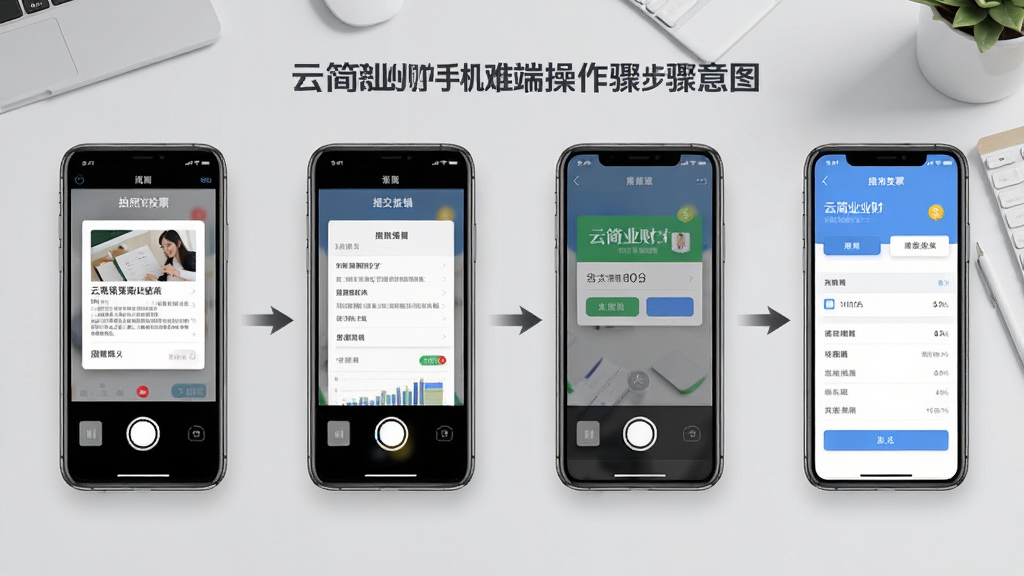云简业财手机端操作步骤示意图,画面展示从拍照发票到提交报销的四个手机界面流程,用箭头依次连接,背景为浅灰色办公桌面,布局横向排列,风格清晰直观,细节干净,无多余元素,高清渲染