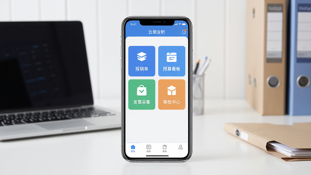 云简业财移动端应用主界面展示,画面中央放置一部智能手机,屏幕显示云简业财应用首页,包含报销单、预算看板、发票采集、审批中心等模块图标,背景为简洁的商务办公桌面,有笔记本电脑和文件夹点缀,整体布局居中对称,风格现代简约商务,细节清晰,画质干净,无多余元素,高清渲染