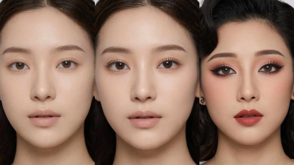 焕颜计划软件中妆容滤镜功能展示,画面中央为一位年轻女性的面部特写,左右两侧分别展示不同妆容效果对比,左侧为自然裸妆右侧为复古港风妆容,布局为左右分栏对比排版,风格为时尚美妆杂志质感,细节包括细腻的肤质纹理、精致的眼妆与唇色变化、柔和的打光效果,画质为高清摄影级别,干净整洁无杂乱背景