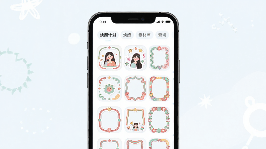 焕颜计划素材库界面展示,主体为手机屏幕中呈现的素材选择面板,布局为网格状排列的贴纸与边框缩略图,风格为清新活泼的年轻化设计,细节包括色彩缤纷的贴纸图案、圆角矩形的边框样式、简洁的分类标签栏,画质为高清矢量风格,干净明亮无多余装饰