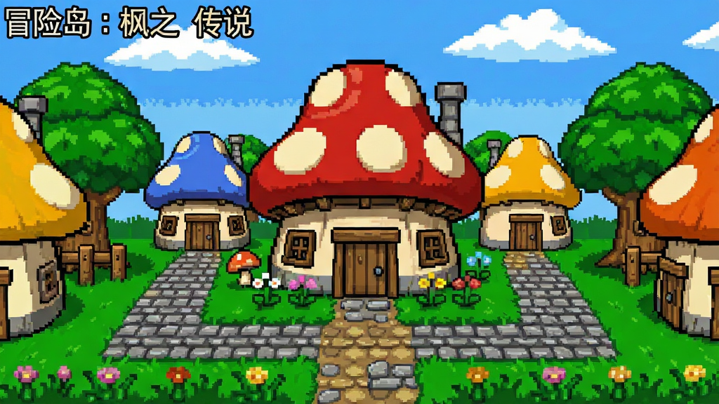 主体是冒险岛枫之传说游戏中的像素风格蘑菇村场景,布局为中心对称构图中央是蘑菇屋建筑群两侧是树木与小路,排版以游戏画面截图形式呈现,风格为高清像素艺术,细节包括彩色蘑菇屋顶、石砖小路、花朵草丛、蓝天白云,画质清晰干净无多余元素,画面中文字标注“冒险岛:枫之传说”