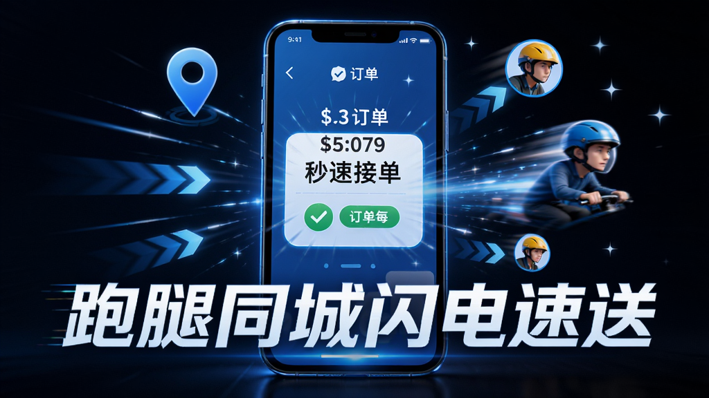 画面主体是一个发光的手机屏幕,屏幕内显示订单被秒速接单的动画效果,周围有速度线、定位图标和骑手头像快速靠拢的示意图,布局为屏幕居中,风格为动感科技风,细节包括蓝色光效和动态箭头,画质高清干净,图片中文字为“跑腿同城闪电速送”
