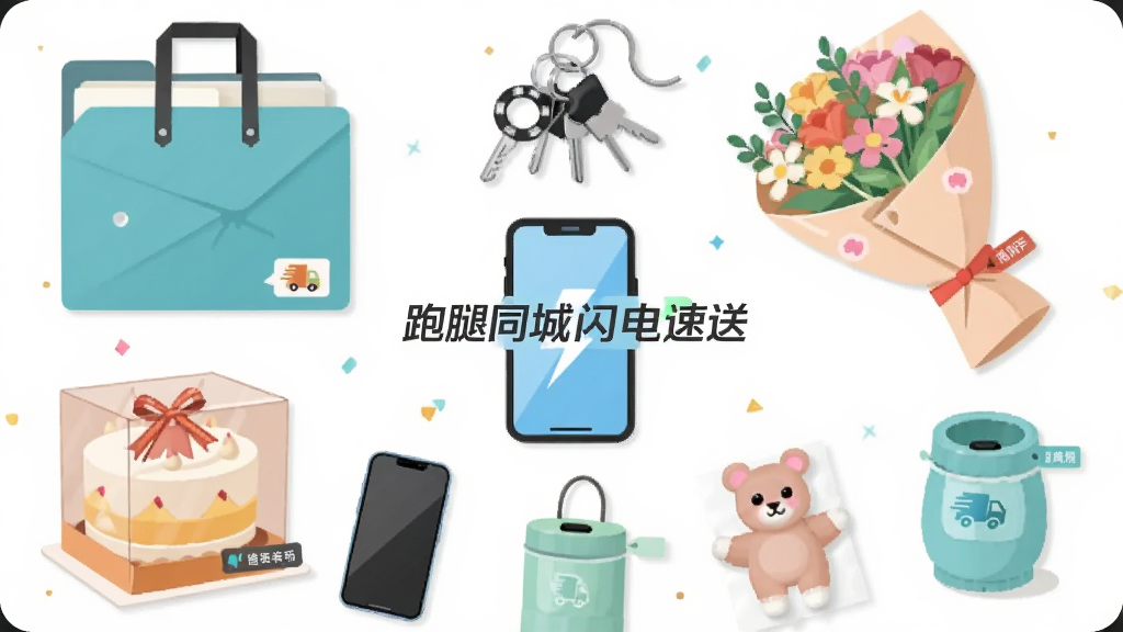 画面中展示了多个不同品类的物品,包括文件袋、钥匙串、鲜花束、蛋糕盒、手机等,它们围绕着一个中心手机图标排列,布局为环形构图,风格为清新扁平插画风,细节上每个物品都有小标签标注,画质干净整洁,图片中心有文字“跑腿同城闪电速送”