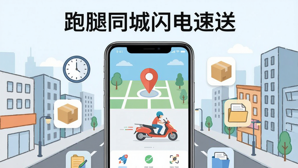 画面中央是一部智能手机,屏幕上显示着跑腿同城闪电速送APP的首页界面,界面中有地图定位图标和骑手形象,背景是城市街道与楼宇的简笔插画,布局采用居中构图,风格为扁平化科技风,细节上手机周围环绕着时钟、包裹、文件等小图标,画质清晰干净,无多余元素,图片上方有文字“跑腿同城闪电速送”