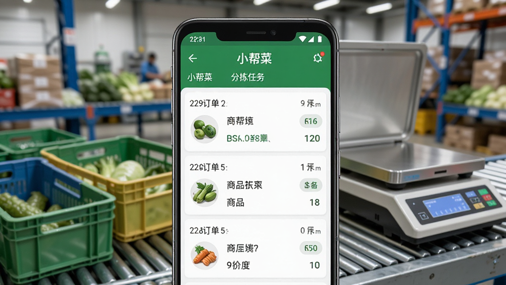 画面主体是一部安卓手机,屏幕上显示小帮菜软件的分拣任务列表界面,背景为生鲜仓库环境,有分拣筐和电子秤,布局为竖版手机海报,风格为写实科技风,细节包括清晰的订单编号、商品名称和数量标记,画质清晰,干净,无多余元素