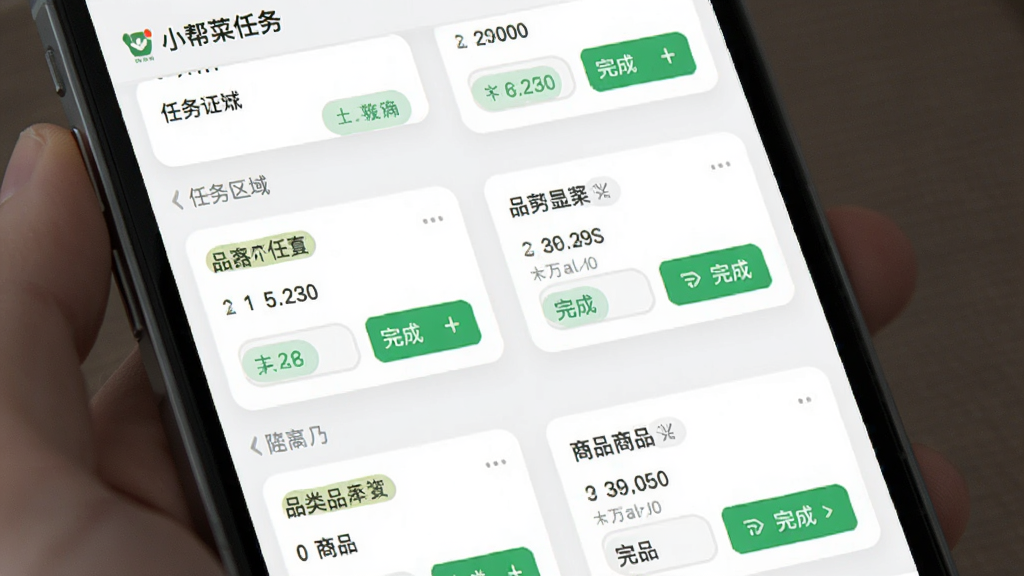 画面主体为小帮菜软件的任务管理界面截图,展示多个分拣任务卡片,按区域和品类分组排列,布局为手机屏幕特写,风格为扁平化UI设计,细节包括任务状态标签、商品数量和完成按钮,画质清晰,干净,无多余元素