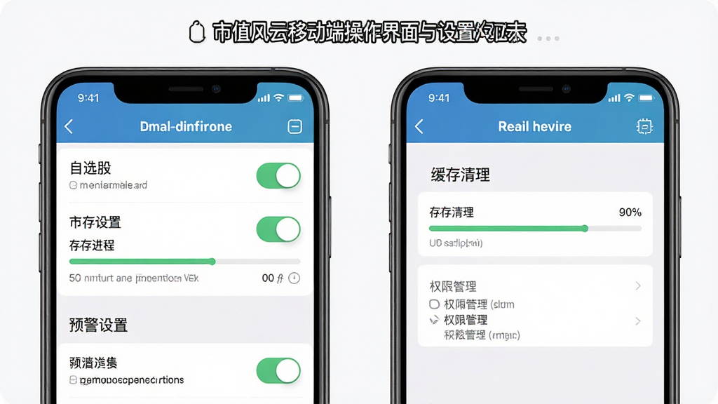 市值风云移动端操作界面与设置页面展示,主体为两部手机并排,左侧手机显示自选股列表与预警设置,右侧手机显示缓存清理与权限管理界面;布局为左右对比,风格为移动应用教程风,细节包括开关按钮、存储进度条、提示文字;画质清晰,干净,无多余元素