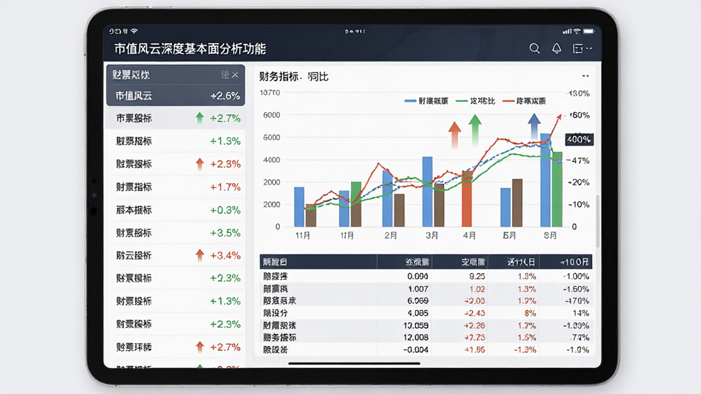 市值风云深度基本面分析功能界面,主体为平板电脑屏幕,屏幕中展示多只股票的财务指标对比柱状图与折线图,布局为左右分栏,左侧为股票列表,右侧为详细数据图表;排版专业严谨,风格为金融科技风,细节包括百分号刻度、同比箭头、数据表格;画质清晰,干净,无多余元素