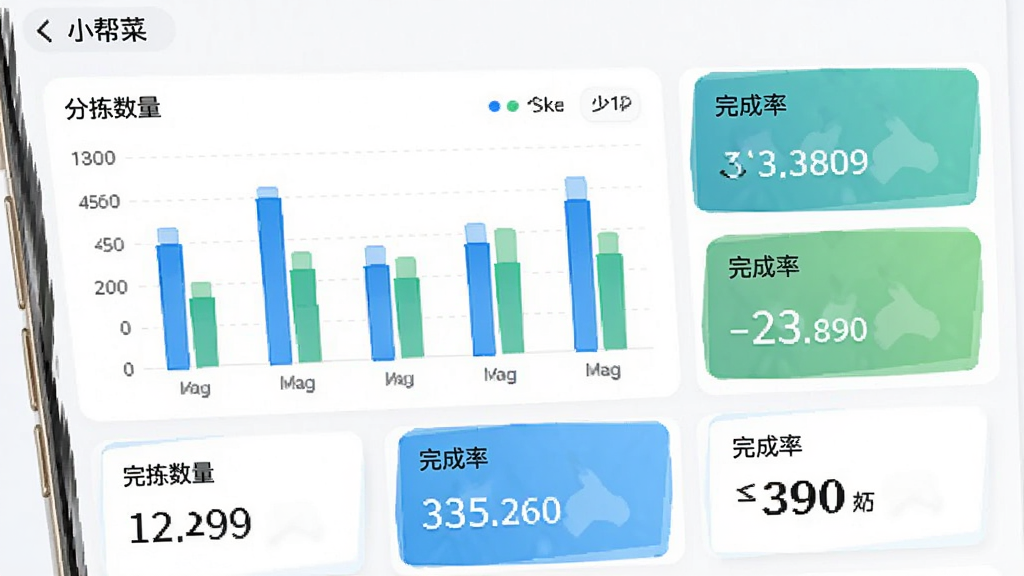 画面主体为小帮菜软件的数据统计页面,展示柱状图和数字卡片,反映分拣数量和完成率,布局为手机屏幕竖版展示,风格为清新数据可视化风格,细节包括清晰的图表标签和数值,画质清晰,干净,无多余元素