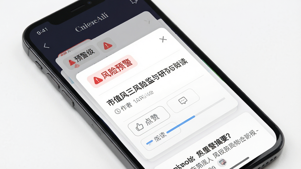 市值风云风险监控与研报阅读界面,主体为智能手机,屏幕中显示风险预警弹窗与研报摘要卡片,布局为垂直列表,上方为预警等级标签,中部为研报标题与作者,下方为点赞评论按钮;排版简洁明了,风格为移动端资讯风,细节包括红色警示图标、时间戳、阅读进度条;画质高清,干净,无多余元素