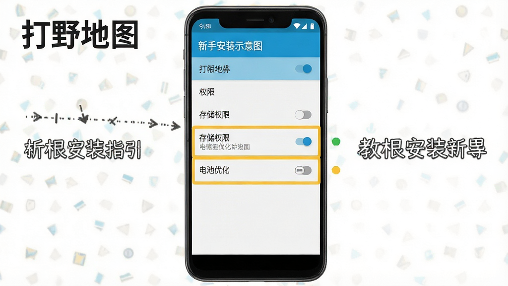 一张“打野地图”新手安装设置示意图,画面为手机屏幕竖屏布局,屏幕中显示安卓系统的权限设置页面,页面中有“存储权限”与“电池优化”两个选项被高亮标注,屏幕顶部有“打野地图”文字,风格为教程指引风,细节包含设置菜单与开关按钮,画质清晰,干净,无多余元素。