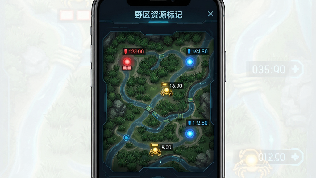 一张“打野地图”野区资源标记界面图,画面为手机屏幕竖屏布局,屏幕中显示野区地图,红蓝Buff位置分别用红色和蓝色光点标记,河道蟹用金色光点标记,每个光点旁有倒计时数字,屏幕顶部有“野区资源标记”文字,风格为深色科技风,细节包含草丛纹理与河道线条,画质清晰,干净,无多余元素。