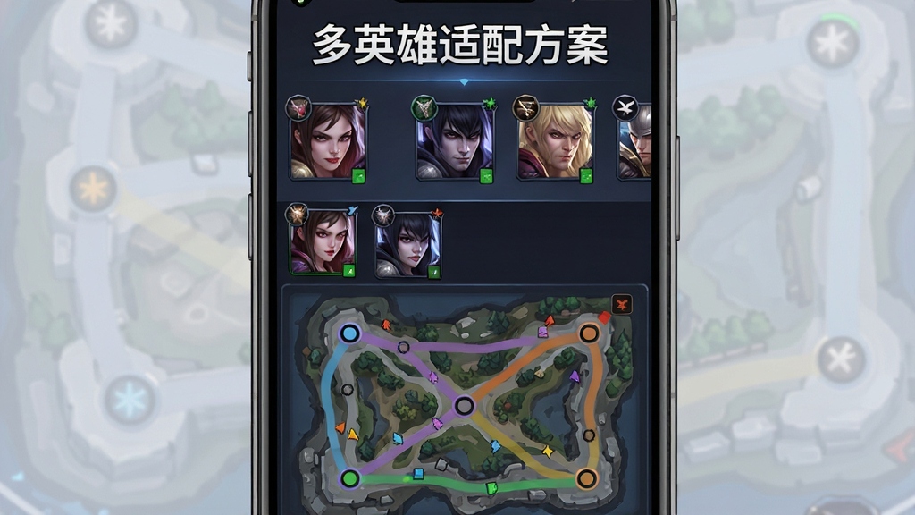 一张“打野地图”多英雄适配界面图,画面为手机屏幕竖屏布局,屏幕上半部分显示多个打野英雄头像图标,下半部分显示对应的路线示意图,路线用不同颜色区分,屏幕顶部有“多英雄适配方案”文字,风格为游戏辅助工具风,细节包含英雄头像与野区地图,画质清晰,干净,无多余元素。